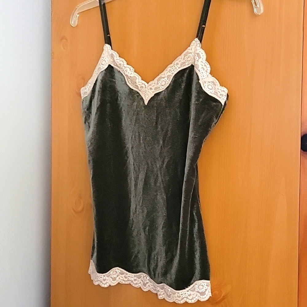 Loft dark green velvet camisole with off-white lace trim, XS.  NWOT.